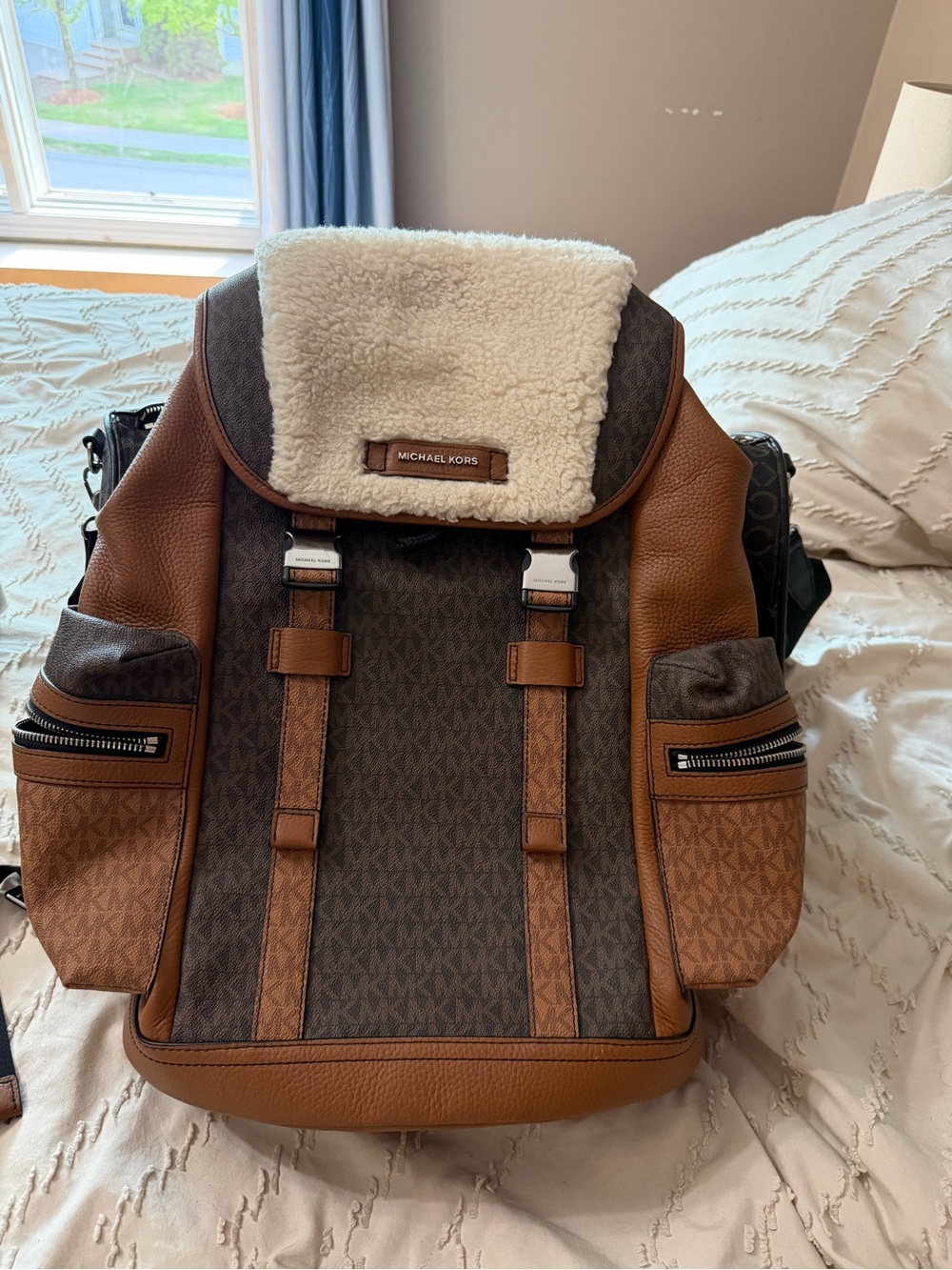 Michael Kors Brown Logo Backpack with Cream Shearling Flap